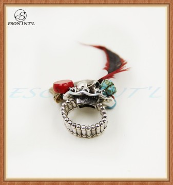 Exaggerated Lady Red Feather Resin Beads Silver Elastic Ring