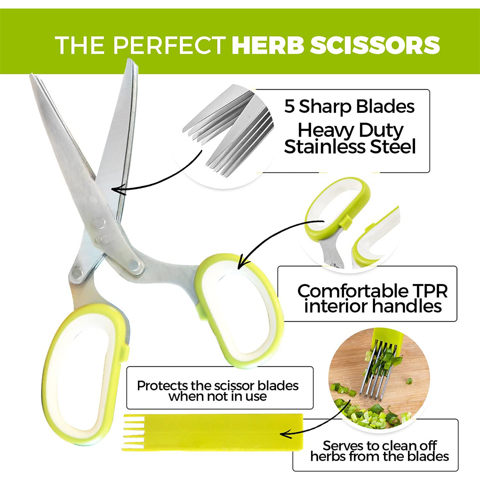 Herb Scissors with 5 Blades and Cover Cool Kitchen Gadgets Cutter Chopper and Mincer Sharp Heavy Duty Shears for Cutting Herbs