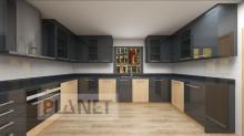 Black and wood veneer custom kitchen cabinets