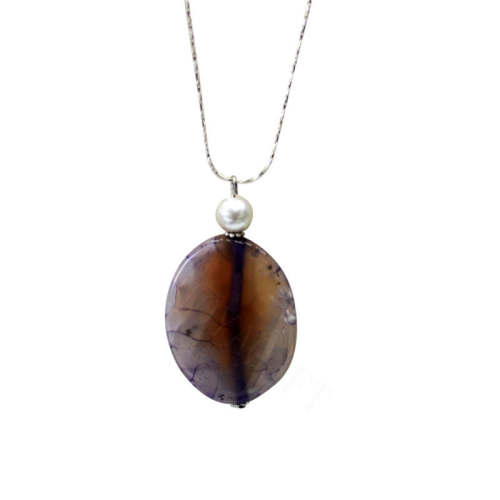 Natural Gemstone Agate Necklace with Silver Chain