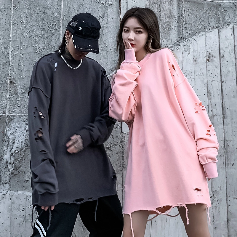 Trendy Hole Loose Couple All-Match Solid Color Hoodie