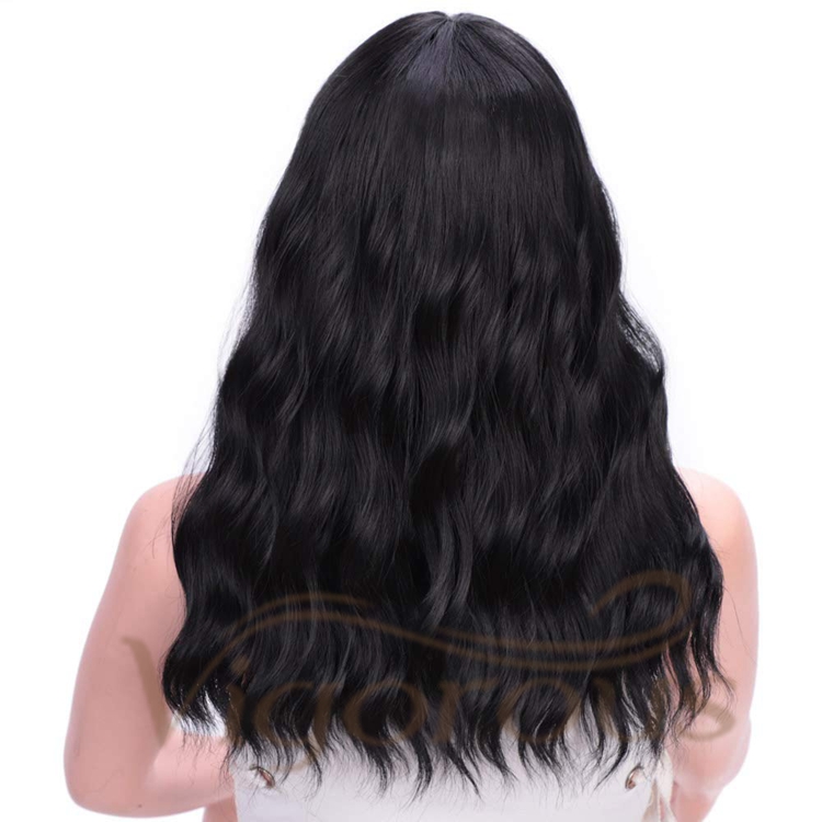 Vigorous Best Selling Wholesale Black Body Wave Middle Long With Neat Bangs Machine Made For Black Women Synthetic Hair Wigs