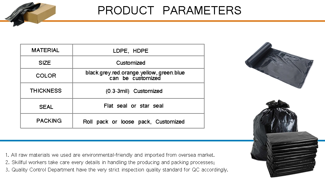 Heavy Bearing Large Flat Black Household Kitchen Bin Liner Garbage Bag Plastic Trash Drawstring Bags