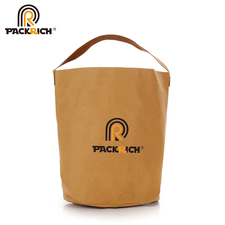 New Arrival Customized Logo Kraft Bucket Bag/Round Durable Washable Kraft Paper Single Shoulder Bag for flower