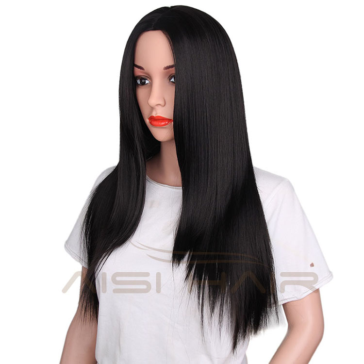 Good Quality Heat Resistant Fiber Wigs For Women Long Silky Straight Style Synthetic Black Color Wigs