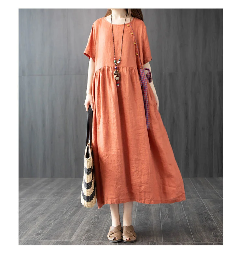 Cotton and Linen Summer Short-Sleeved Loose MID-Length Dress