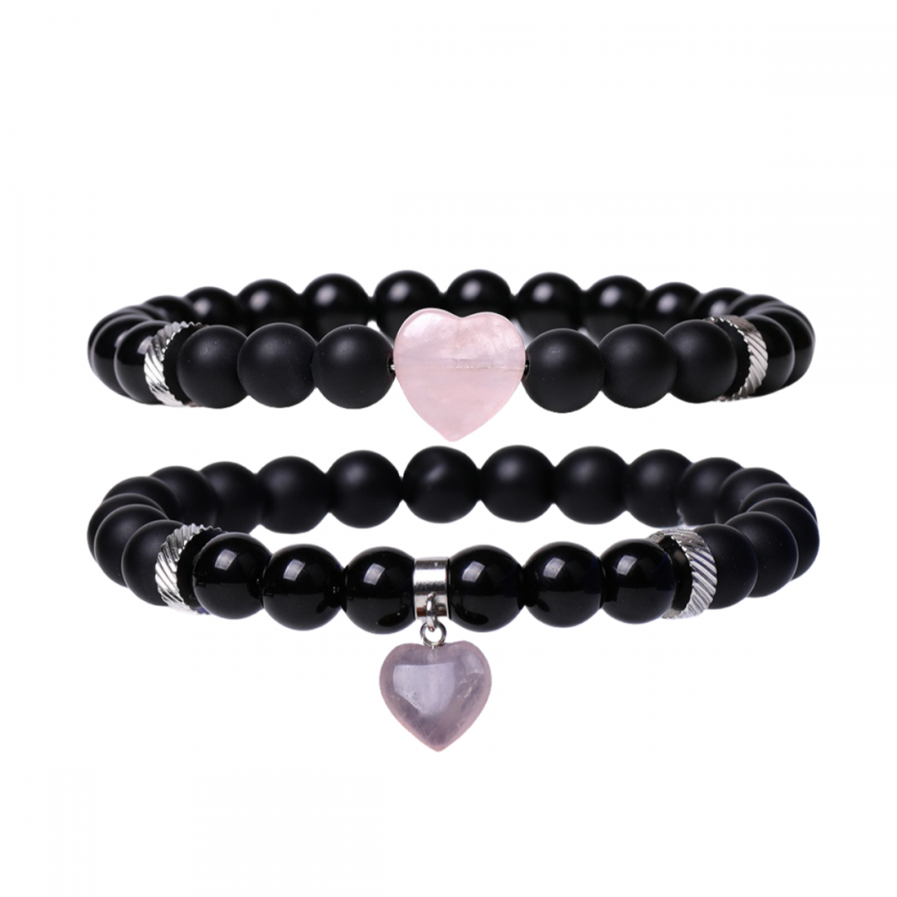 Peads redondos de piedras preciosas con pulseras de encanto cardíaco Black Matte Onyx Stone Stretch Pulsera de piedra natural Cristal de cristal 2pc