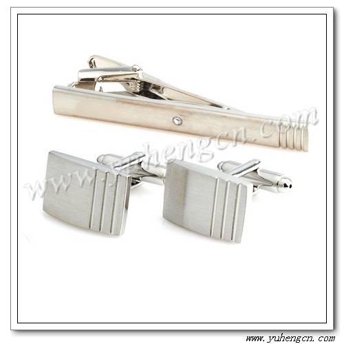 Classic Brushed Blank Men's Tie Clip Cufflink Set