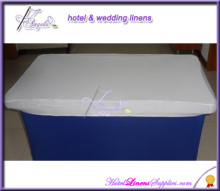 white lycra table toppers, white spandex table toppers for 4' rectangle table in wedding and party decorations