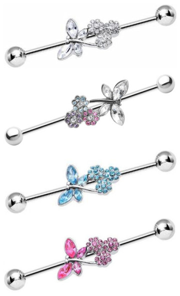 Multicolored Gem Flower Dragonfly Industrial Barbell