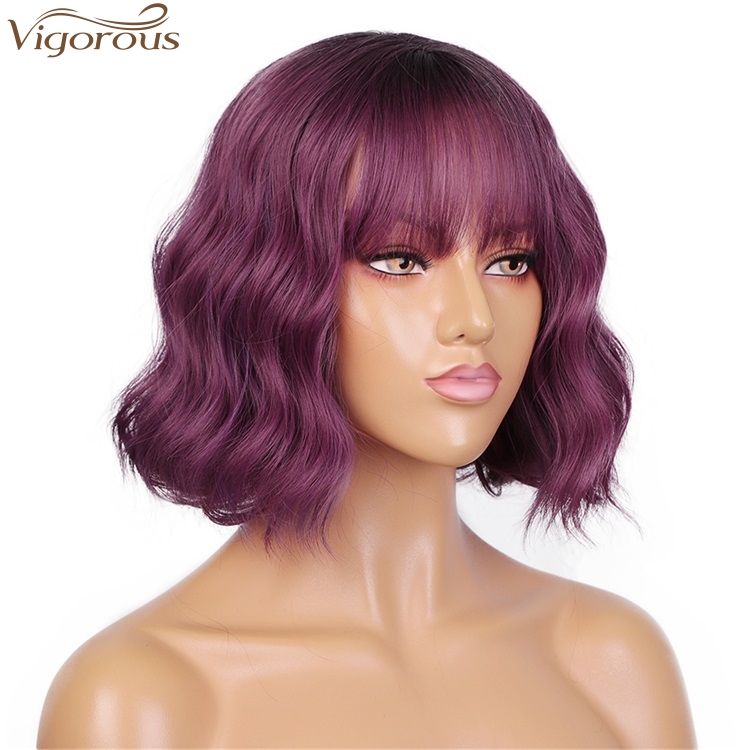 Vigorous Fashion Girl Synthetic Short Wavy Wigs Natural Short Bob Purple Wig With Neat Bangs Heat Resistant Wholesale Price