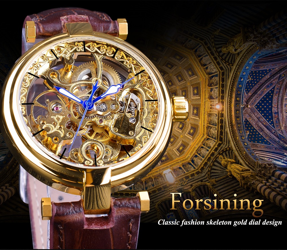 Forsining Golden Watches Fashion Blue Hands Mens Automatic Mechanical Watch Self-wind Watches Leather Luminous Hands