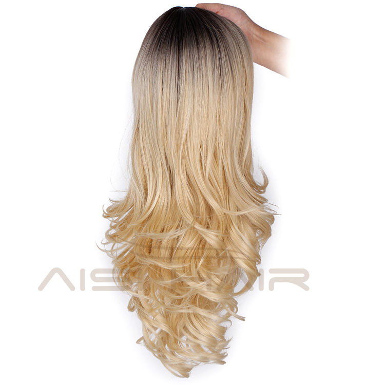 Aisi Hair Long Ombre Blonde Dark Root Middle Part Wave Wigs Heat Resistant Synthetic Fiber Cosplay Wigs for Black White Women