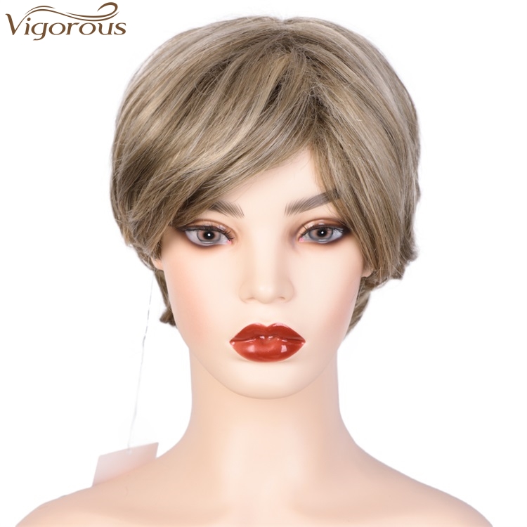 Vigorous Wholesale Price Cheap Short Pixie Cut Synthetic Hairstyles With Bangs Layered Fluffy Grey Mixed Brown Wigs For Women