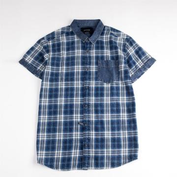 Men's Short Sleeve Denim Twill Plaid Shirt