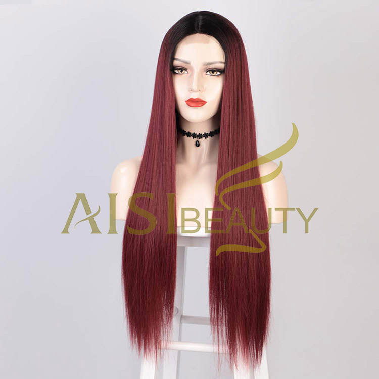 Aisi Beauty Vendor Cheap Party 26 Inch Long Straight Ombre Red Wig Swiss Lace Synthetic Hair For Black Women Lace Front Wig