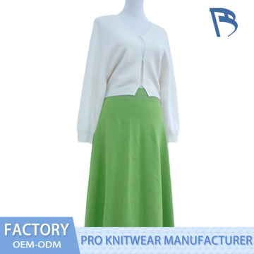 White Cardigan & Green Skirt Set