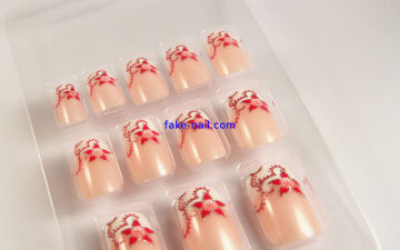 Nude French Manicure Fake Nails Abs With Red / Gold Glitter Flower