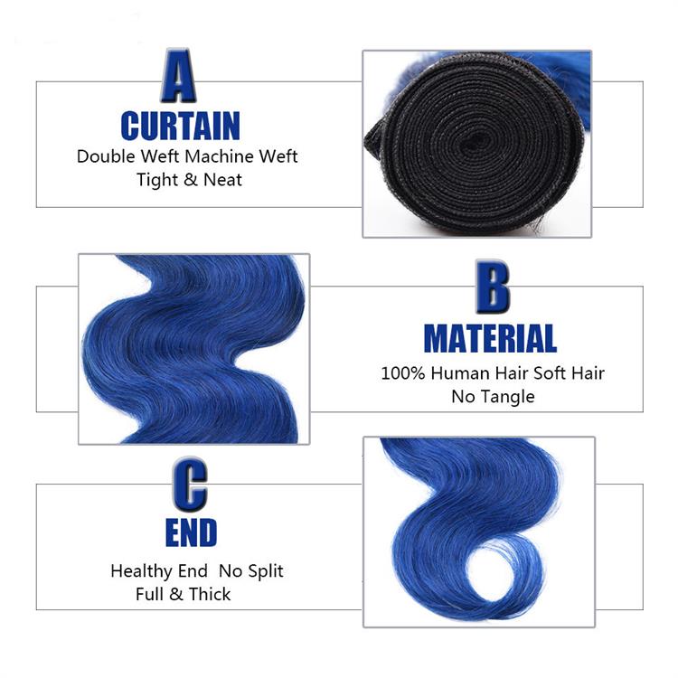Usexy Wholesale Virgin Brazilian Hair Weaves Color 1B/Blue Body Wave Ombre Hair Bundles With Frontal