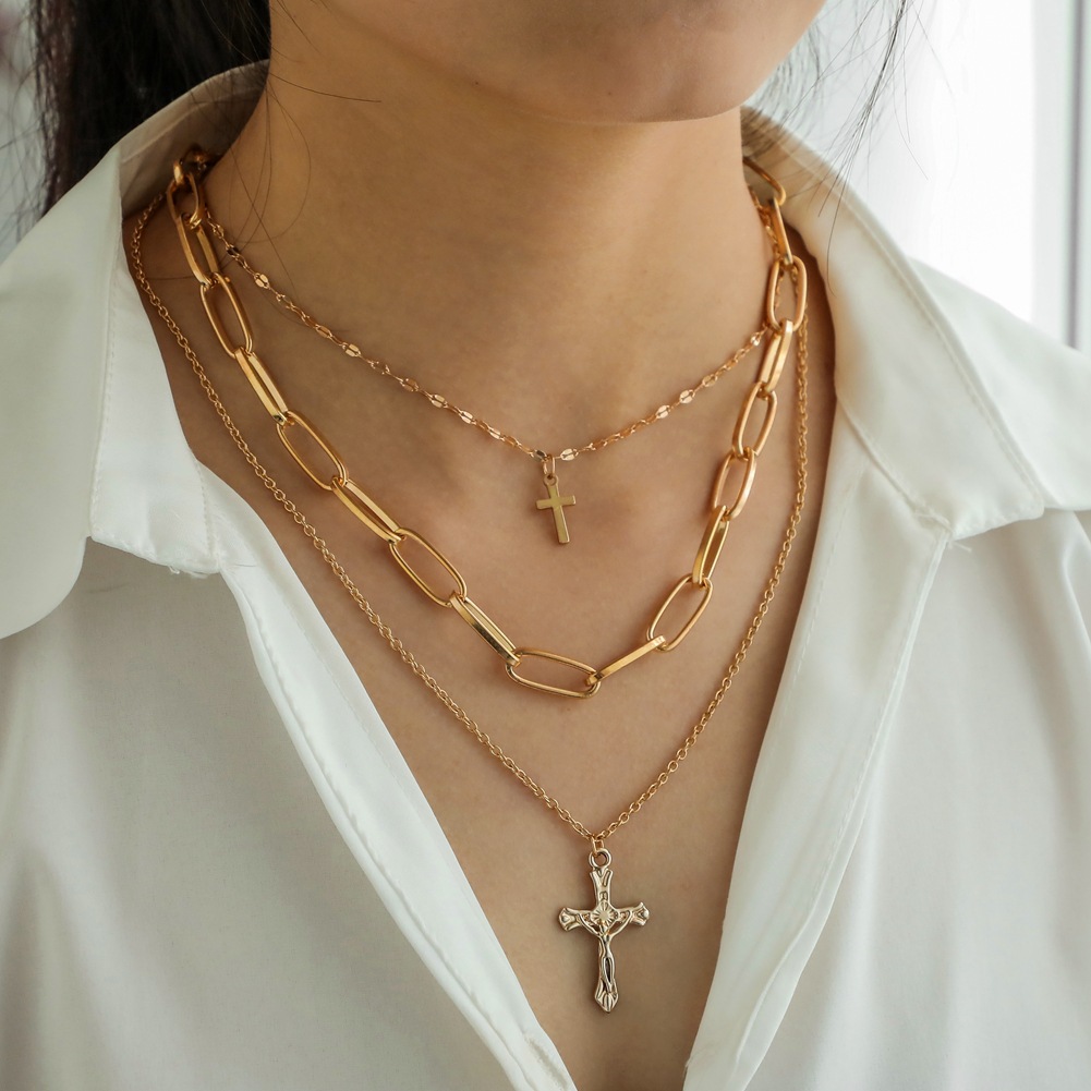 Exquisite fashion double cross pendant trend multi layer necklace luxury women accessories