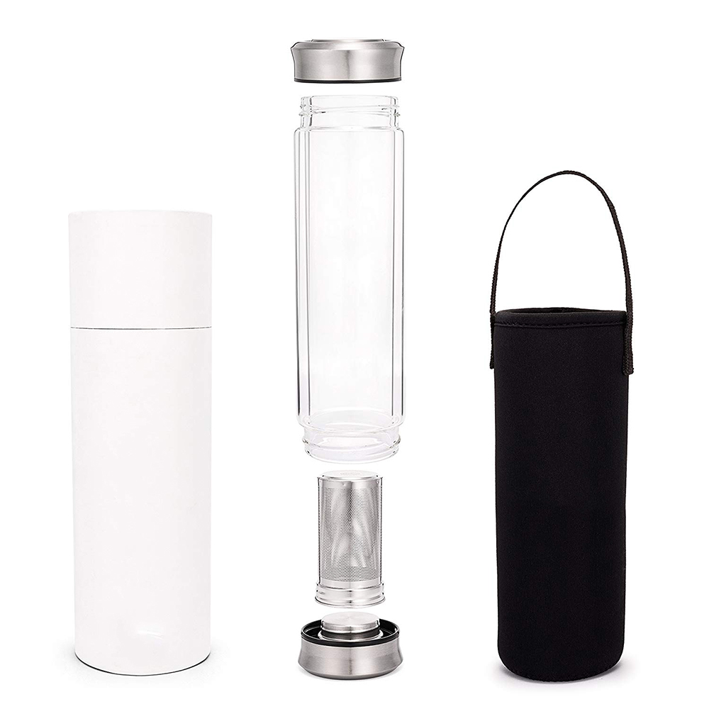 High Quality Eco-Friendly Double Layer Glass Water Bottle with tea  Infuser unbreakable glass water bottle