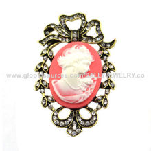 Alloy brooch with cameo and rhinestone, antique bronze plated