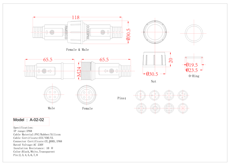 waterproof connector 2 pin to 8 pin M24 electrical wire with molded connector