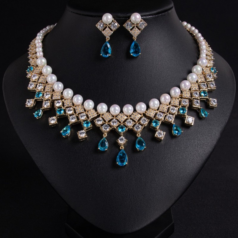Pearl Teardrop Fringe Bridal CZ Jewelry Set