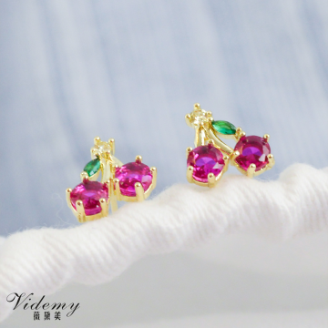 Vibrant Cherry Zircon Stud Earrings with Crystal Detail