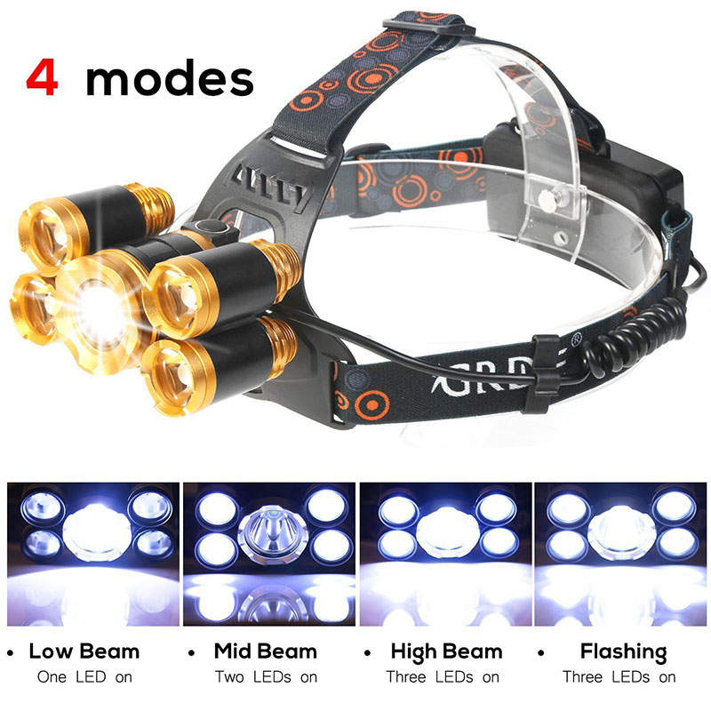 5 LED Headlamp T6 4xr2 LED Zoom 18650 Headlamp LED Waterproof Power yang boleh dicas semula