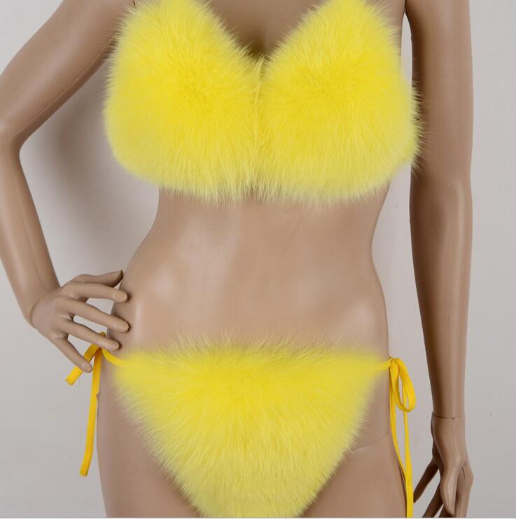 Sexy Fur Underwear Bikini Swimsuit color Purse Women Fox Wholesale Slides Real Furry Slippers