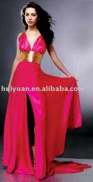 red chiffon deep v neck long dress open in leg