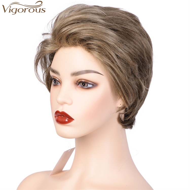 Vigorous High Temperature Top Quality Short Synthetic Grey Mixed Brown Pixie Cut Hairstyles Layered Fluffy Wigs