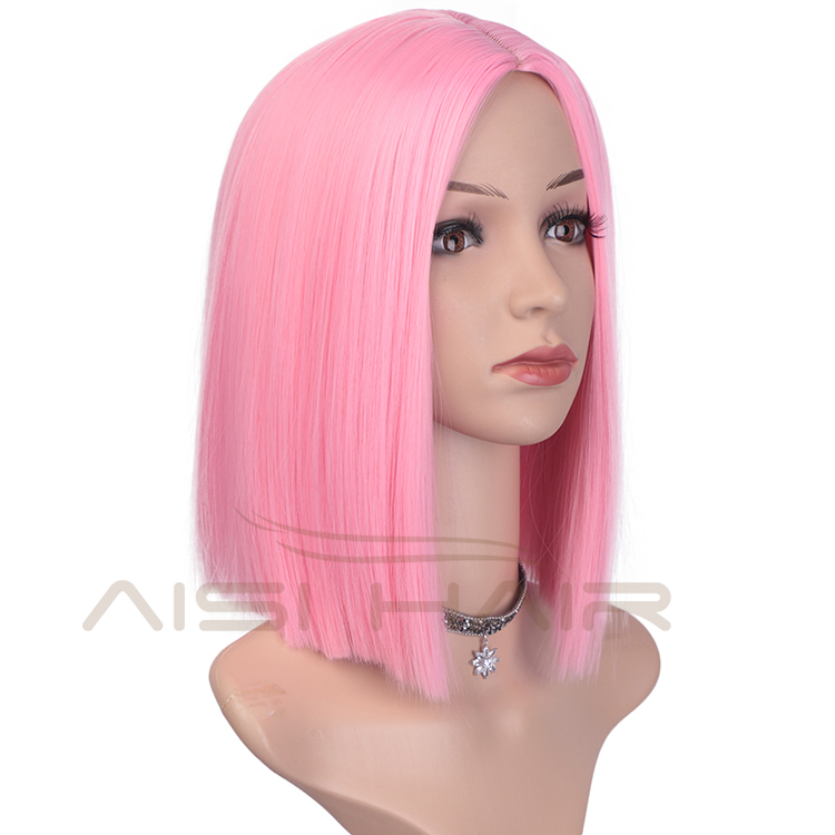 150 Length Hair Heat Resistant Wig For Black Women Pink Short Straight Bob Synthetic Middle Part Shoulder Hair Wigs