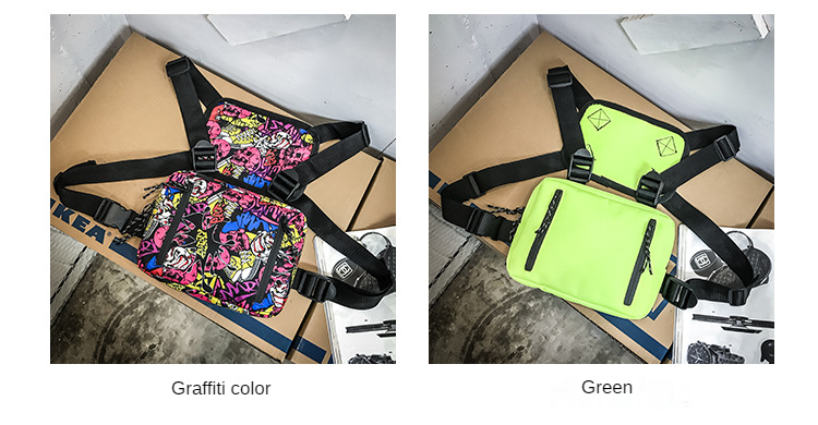 Custom logo neon green color graffiti pattern 3M reflective logo hip hop tactical universal chest rig bag men