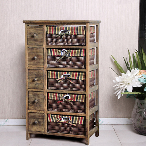 Recyclable Wooden Storage Cabinet Wicker Basket Drawers