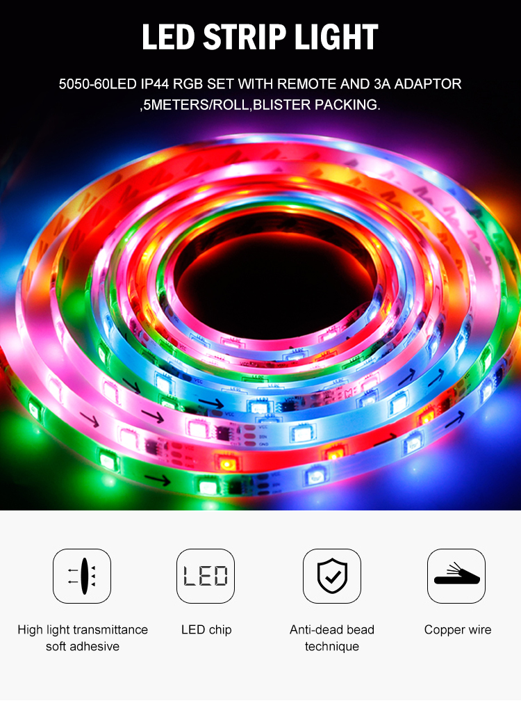 Smart Waterproof 5050 Color Changing DIY Flexible RGB LED Strip Light with Remote for Home Room Bar Kitchen Bed