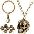 Mini DND Dice Set with Skull Head Metal Cage Portable Keychain Necklace, Tiny 7pcs Polyhedral Dice Set in Skeleton Necklace