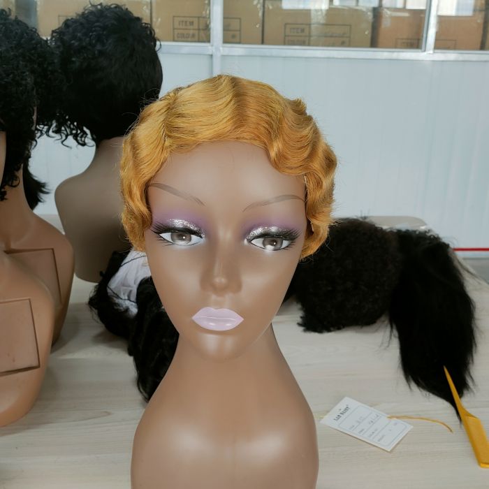Cheap Factory Price Finger Wave Pixie Short Cut Blonde Color 27# Wig 100% Human Hair None Lace Wig For Women