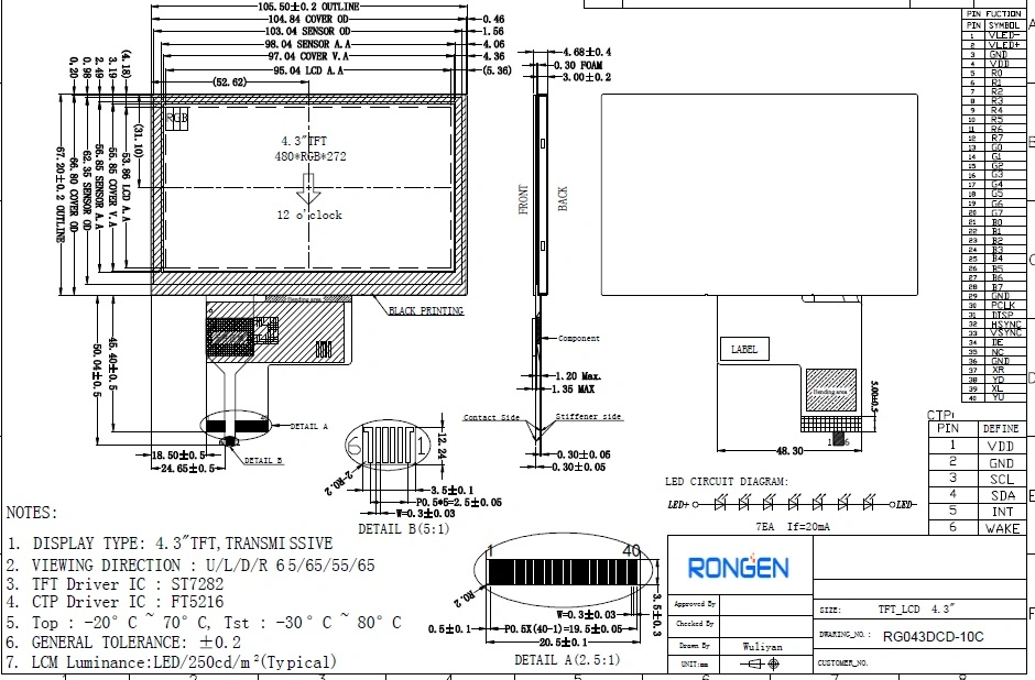 Ronen Rg043dcd-10c 4.3inch LCD Display with Capacitive Touch Screen