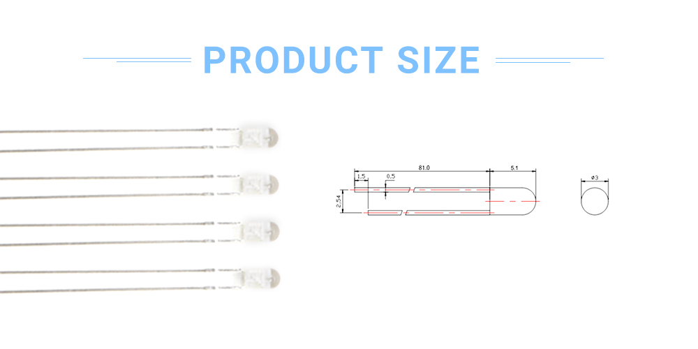 Size of 317PBC-12L86 3mm LED Long Leg Water Blue LED 480 nm LED Emitter