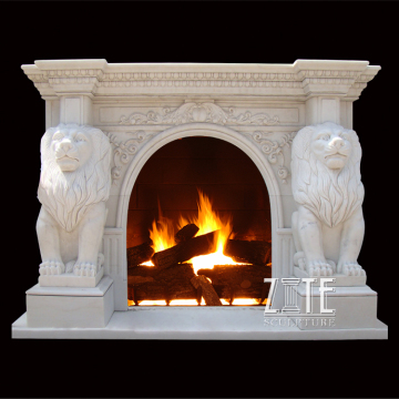 Classic Design Beige Marble Lion Fireplace Mantel