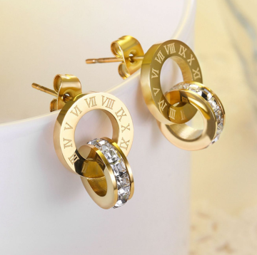 Stylish Roman Double Hoop Rhinestone Titanium Earrings