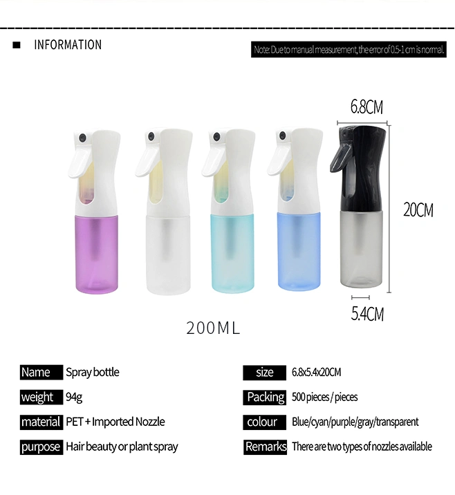 New Design Beautiful Colorful 200ml Mist Continuous Spray Bottle Pet Plastic Water Sprayers