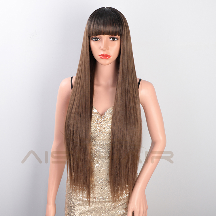 Aisi Hair Wholesale Cheap Vendor Long Silky Straight Wave Ombre Brown Wig With Bangs For Black Women Synthetic Hair Wigs