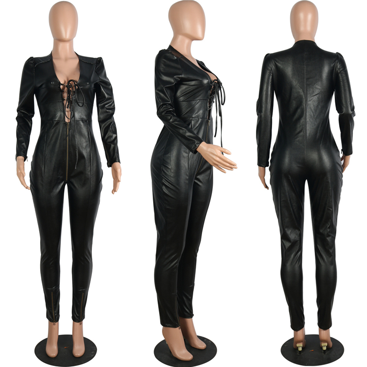 C3660 2020 new arrivals jumpsuit sexy hollow bandage solid color long sleeve V neck PU zipper women jumpsuit women onesie