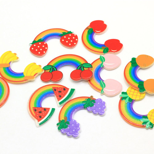 100Pcs / Lot Kawaii Rainbow Resin Cabochons Cute Sweet Rainbow With Fruit Decor Cabs For Hair Bow Center DIY