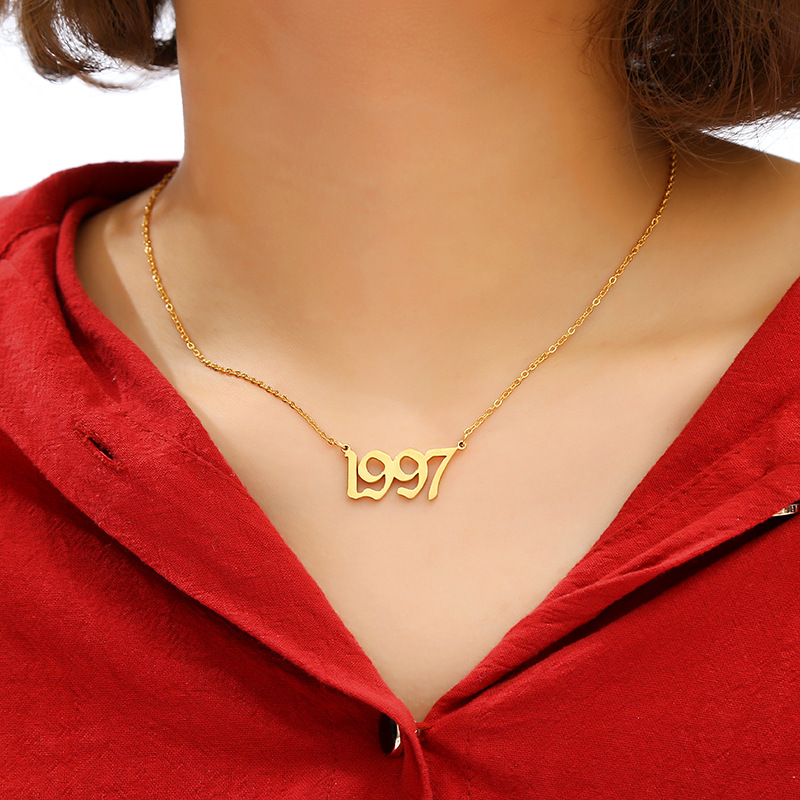 stainless steel gold old english necklace birth year 1990-2000 old english letters numeral year necklaces wholesale