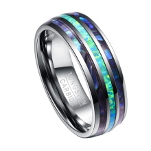 Trendy 8mm Opal Shell Wedding Band - Tungsten Abalone Shell Ring with Natural Blue Opal Gemstone