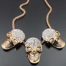 3 Rhinestone Skulls Fashion Necklace